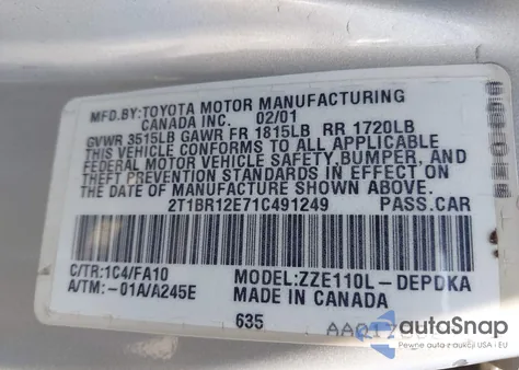 2001 Toyota Corolla Le из США, поврежденный, VIN 2T1BR12E71C491249